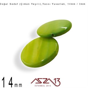 14 mm Çimen Yeşili, Doğal Sedef Yassı Yuvarlak Boncuk / Paket İçeriği 8 Adet