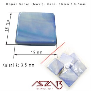 15 mm Mavi, Doğal Sedef Kare Boncuk / Paket İçeriği 6 Adet