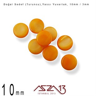 10 mm Turuncu, Doğal Sedef Yassı Yuvarlak Boncuk / Paket İçeriği 8 Adet