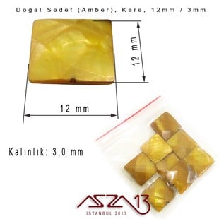 12 mm Amber, Doğal Sedef Kare Boncuk / Paket İçeriği 8 Adet