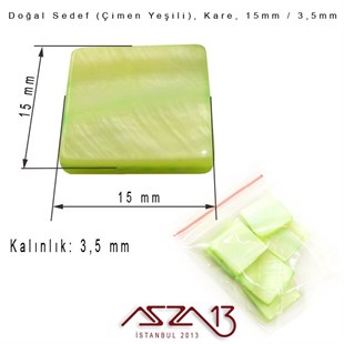 15 mm Çimen Yeşili, Doğal Sedef Kare Boncuk / Paket İçeriği 6 Adet