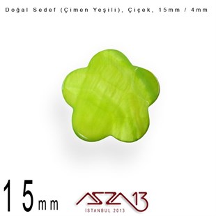 15 mm Çimen Yeşili, Doğal Sedef Çiçek Boncuk / Paket İçeriği 10 Adet