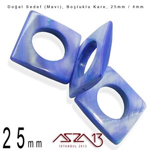 25 mm Mavi, Doğal Sedef Boşluklu Kare Boncuk / Paket İçeriği 3 Adet