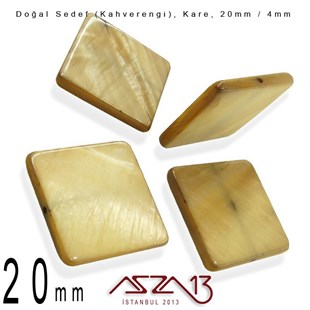 20 mm Kahverengi, Doğal Sedef Kare Boncuk / Paket İçeriği 4 Adet