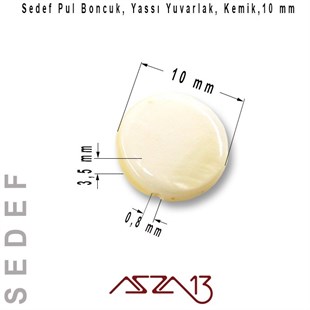 Sedef 10 mm, Yassı Yuvarlak Krem Pul Boncuk / Paket İçeriği 9 Adet