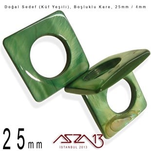 25 mm Küf Yeşili, Doğal Sedef Boşluklu Kare Boncuk / Paket İçeriği 3 Adet