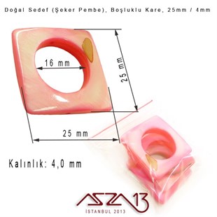 25 mm Şeker Pembe, Doğal Sedef Boşluklu Kare Boncuk / Paket İçeriği 3 Adet