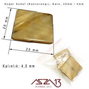 20 mm Kahverengi, Doğal Sedef Kare Boncuk / Paket İçeriği 4 Adet