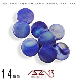 14 mm Royal Mavi, Doğal Sedef Yassı Yuvarlak Boncuk / Paket İçeriği 8 Adet