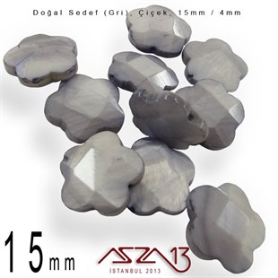 15 mm Gri, Doğal Sedef Çiçek Boncuk / Paket İçeriği 10 Adet