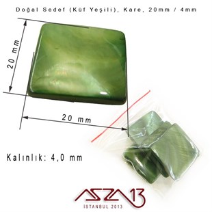 20 mm Küf Yeşili, Doğal Sedef Kare Boncuk / Paket İçeriği 4 Adet