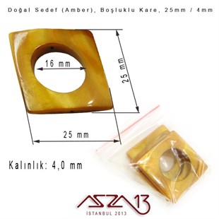 25 mm Amber, Doğal Sedef Boşluklu Kare Boncuk / Paket İçeriği 3 Adet