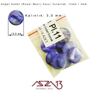 14 mm Royal Mavi, Doğal Sedef Yassı Yuvarlak Boncuk / Paket İçeriği 8 Adet