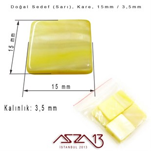 15 mm Sarı, Doğal Sedef Kare Boncuk / Paket İçeriği 6 Adet