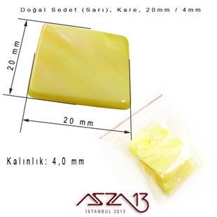 20 mm Sarı, Doğal Sedef Kare Boncuk / Paket İçeriği 4 Adet