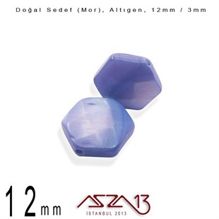 12 mm Mor, Doğal Sedef Altıgen Boncuk / Paket İçeriği 8 Adet