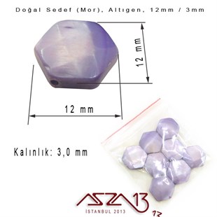 12 mm Mor, Doğal Sedef Altıgen Boncuk / Paket İçeriği 8 Adet