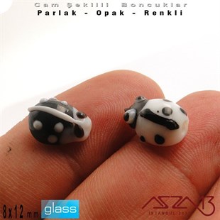 8x12 mm - Parlak ve Opak - Cam - Siyah ve Beyaz - Uğur Böceği Boncuk / 1 Adet