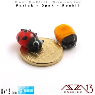 8x12 mm - Parlak ve Opak - Cam - Kırmızı ve Turuncu - Uğur Böceği Boncuk / 1 Adet