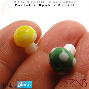 10x14 mm - Parlak ve Opak - Cam - Sarı ve Yeşil - Mantar Boncuk / 1 Adet