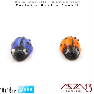 10x16 mm - Parlak ve Opak - Cam - Turuncu ve Lacivert - Uğur Böceği Boncuk / 1 Adet