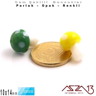 10x14 mm - Parlak ve Opak - Cam - Sarı ve Yeşil - Mantar Boncuk / 1 Adet