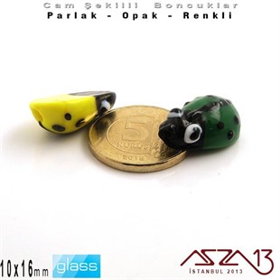 10x16 mm - Parlak ve Opak - Cam - Sarı ve Yeşil - Uğur Böceği Boncuk / 1 Adet