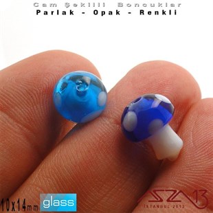 10x14 mm - Parlak ve Opak - Cam - Kobalt Mavi ve Turkuaz Mavi - Mantar Boncuk / 1 Adet