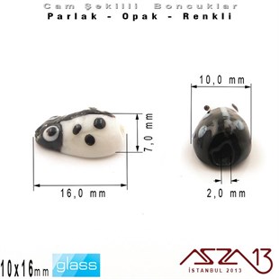 10x16 mm - Parlak ve Opak - Cam - Siyah ve Beyaz - Uğur Böceği Boncuk / 1 Adet