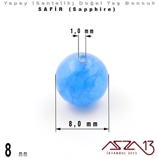 8 mm - Sentetik - Yuvarlak - Düz Yüzey - Açık Safir (Light Sapphire) / 30 Adet