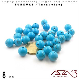 8 mm - Sentetik - Yuvarlak - Düz Yüzey - Turkuaz (Turquoise) / 30 Adet