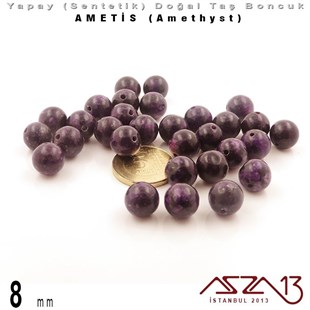 8 mm - Sentetik - Yuvarlak - Düz Yüzey - Ametis (Amethyst) / 30 Adet