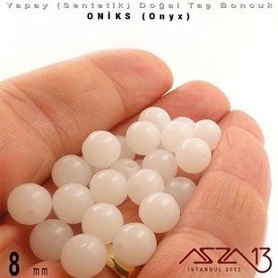 8 mm - Sentetik - Yuvarlak - Düz Yüzey - Beyaz Parlak Oniks (W. Shine Onyx) / 30 Adet