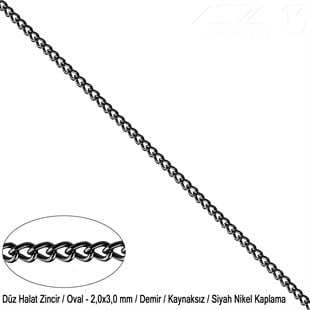 Zincir - Düz Halat Tip - Oval 2 mm - Siyah Nikel Kaplama / 1 Metre