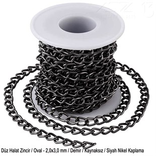 Zincir - Düz Halat Tip - Oval 2 mm - Siyah Nikel Kaplama / 1 Metre
