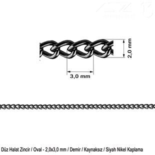 Zincir - Düz Halat Tip - Oval 2 mm - Siyah Nikel Kaplama / 1 Metre