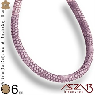 PU Deri - 6 mm - Açık Mor - Baskılı Yüzey - Yuvarlak Kesit - Kordon / 40 cm