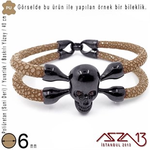 PU Deri - 6 mm - Açık Kahverengi - Baskılı Yüzey - Yuvarlak Kesit - Kordon / 40 cm