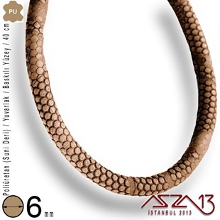 PU Deri - 6 mm - Açık Kahverengi - Baskılı Yüzey - Yuvarlak Kesit - Kordon / 40 cm