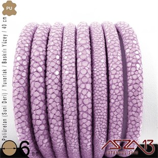 PU Deri - 6 mm - Açık Mor - Baskılı Yüzey - Yuvarlak Kesit - Kordon / 40 cm