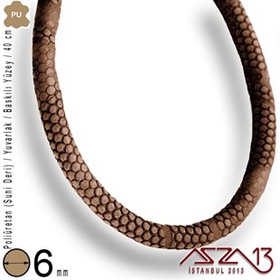 PU Deri - 6 mm - Kahverengi - Baskılı Yüzey - Yuvarlak Kesit - Kordon / 40 cm