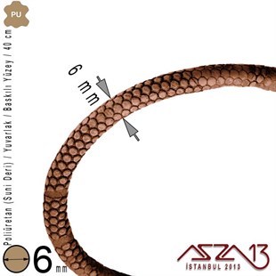 PU Deri - 6 mm - Kahverengi - Baskılı Yüzey - Yuvarlak Kesit - Kordon / 40 cm