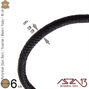 PU Deri - 6 mm - Siyah - Baskılı Yüzey - Yuvarlak Kesit - Kordon / 40 cm