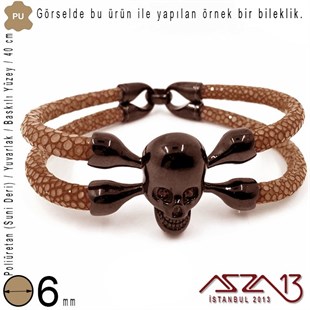 PU Deri - 6 mm - Kahverengi - Baskılı Yüzey - Yuvarlak Kesit - Kordon / 40 cm