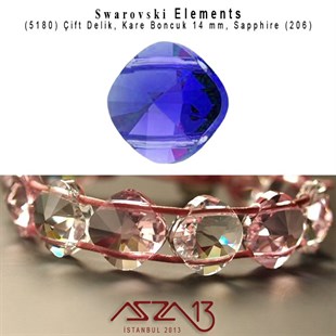 5180 206 (Sapphire) Square Bead (Çift Delik Kare Boncuk) 14 mm / 3 Adet