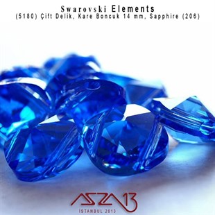5180 206 (Sapphire) Square Bead (Çift Delik Kare Boncuk) 14 mm / 3 Adet
