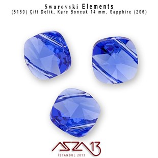 5180 206 (Sapphire) Square Bead (Çift Delik Kare Boncuk) 14 mm / 3 Adet