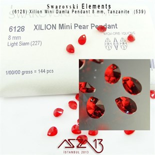 6128 227 (Light Siam)  Xilion Mini Pear Pendant (A. Siyam, Damla Kristal Uç) 8 mm / 5 Adet