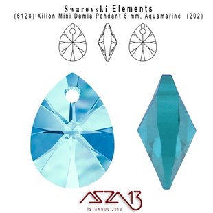 6128 202 (Aquamarine)  Xilion Mini Pear Pendant (A. Mavi, Damla Kristal Uç) 8 mm / 5 Adet