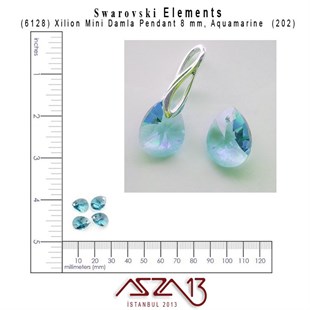 6128 202 (Aquamarine)  Xilion Mini Pear Pendant (A. Mavi, Damla Kristal Uç) 8 mm / 5 Adet